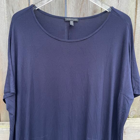 Eileen Fisher Dress Viscose Jersey Cap-Sleeve Boxy Fit Tunic Blue Large Classic - Picture 3 of 8